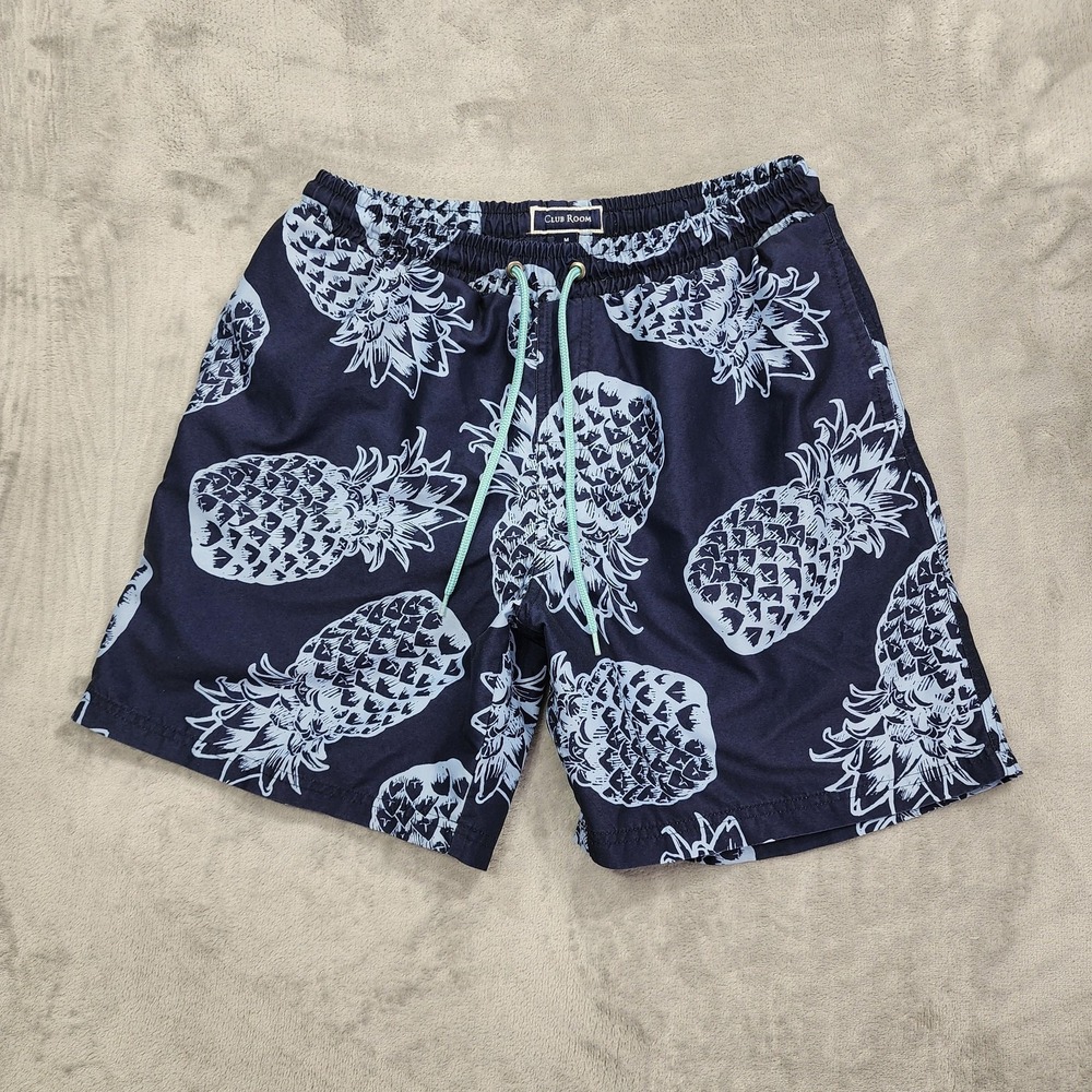 Club Room Swim‎ Trunks Mens M Blue Pineapple Print Lined Drawstring Beach Shorts